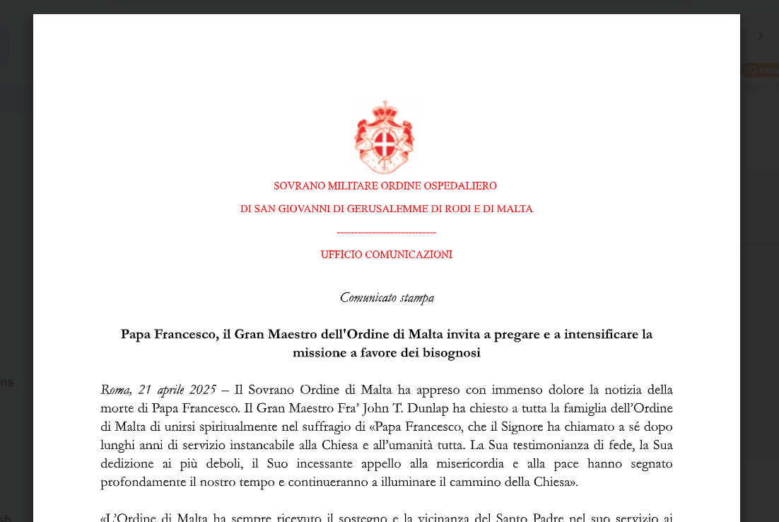A Szuverén Máltai Lovagrend sajtóközleménye Ferenc pápa haláláról